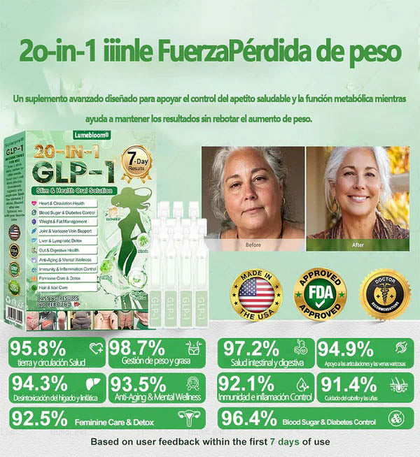 Lumebloom® GLP-1 20 en 1 Suplemento Adelgazante (Resultados Visibles en 7 Días) ayuda a mejorar la obesidad, la salud cardiovascular, la diabetes, la salud intestinal, los problemas articulares, una piel más firme y un aumento de energía.-XA
