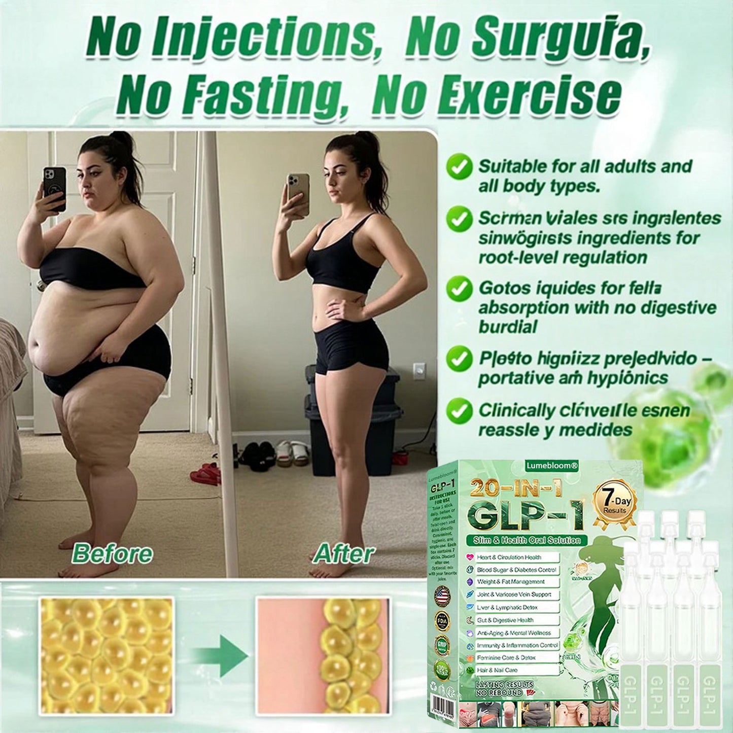Lumebloom® GLP-1 20 en 1 Suplemento Adelgazante (Resultados Visibles en 7 Días) ayuda a mejorar la obesidad, la salud cardiovascular, la diabetes, la salud intestinal, los problemas articulares, una piel más firme y un aumento de energía.-ZZQ