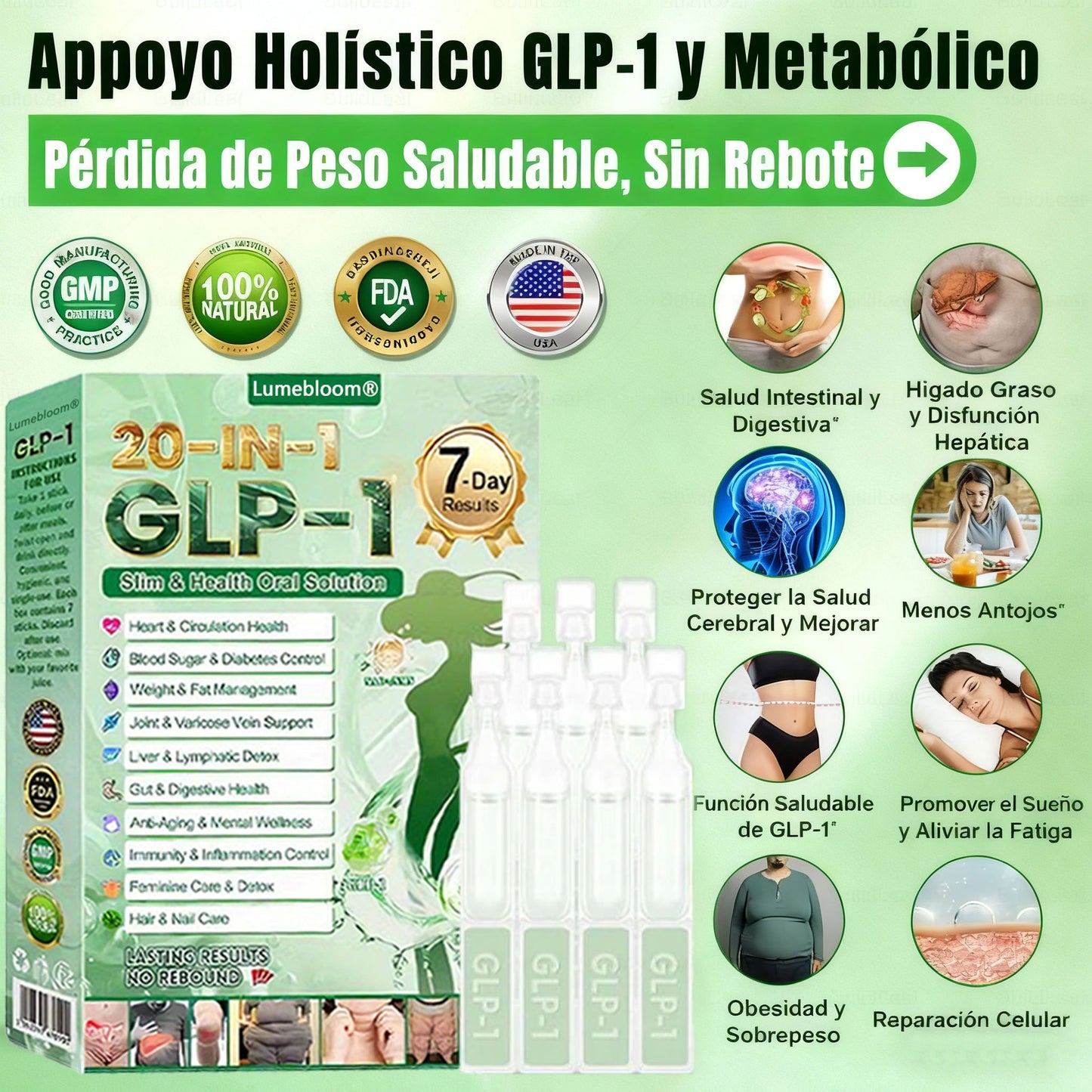 Lumebloom® GLP-1 20 en 1 Suplemento Adelgazante (Resultados Visibles en 7 Días) ayuda a mejorar la obesidad, la salud cardiovascular, la diabetes, la salud intestinal, los problemas articulares, una piel más firme y un aumento de energía.-ZZQ